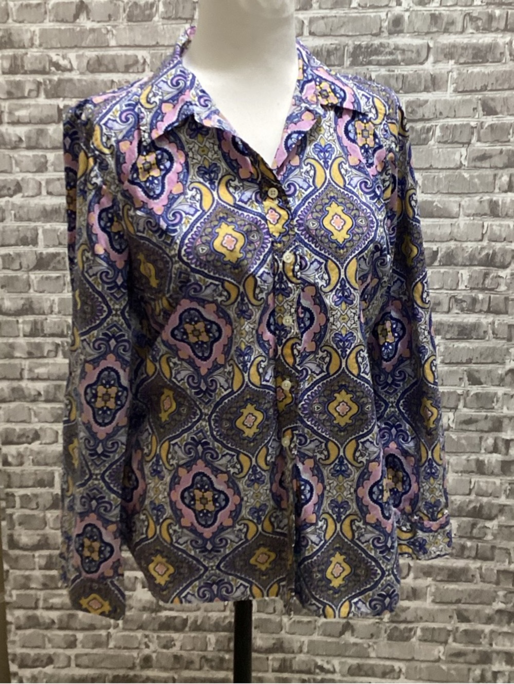 Talbots Medallion Printed Button Up Shirt Women S, Roll Tab Long Sleeve Cotton
